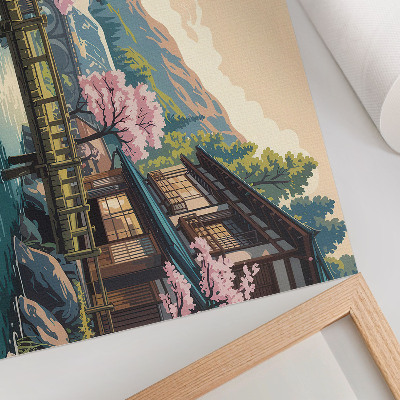 Moderne decoratieve poster Landschap met Japanse architectuur en kersenbomen