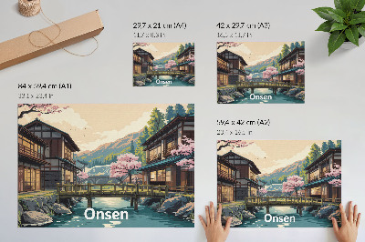 Moderne decoratieve poster Landschap met Japanse architectuur en kersenbomen