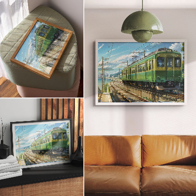 Poster Illustratieve trein in een kustlandschap