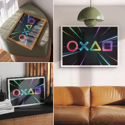 Wandposter met geometrische neonvormen in beweging