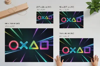 Wandposter met geometrische neonvormen in beweging