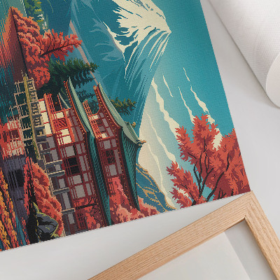 Moderne decoratieve poster Een kleurrijk meer, bergen, Japans landschap