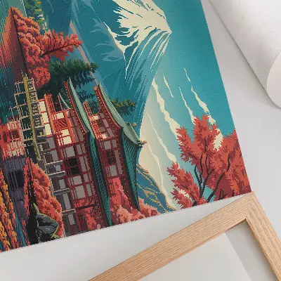 Moderne decoratieve poster met een kleurrijk Japans landschap van een meer en bergen