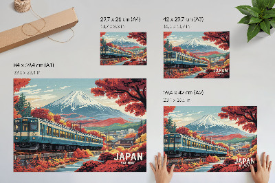 Poster Een trein met de herfstkleuren van de natuur op de achtergrond van de bergen.