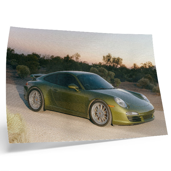 Moderne decoratieve poster Sportwagen groene woestijn zonsondergang