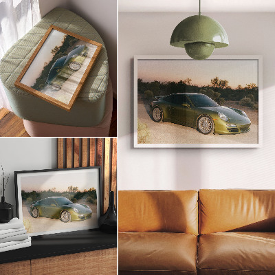 Moderne decoratieve poster Sportwagen groene woestijn zonsondergang