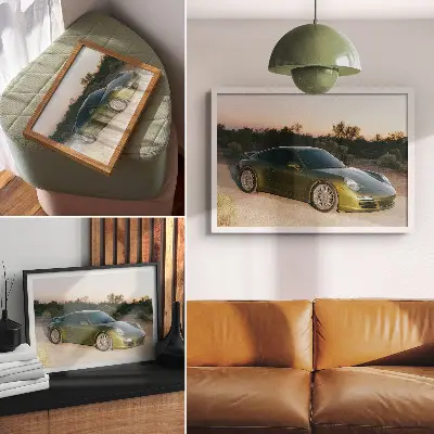 Moderne decoratieve poster sportwagen in de woestijn bij zonsondergang