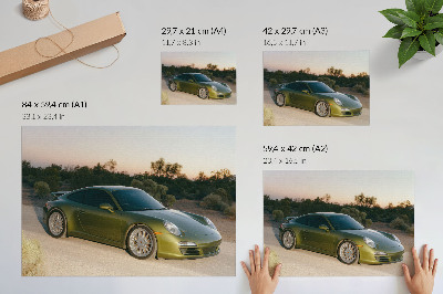 Moderne decoratieve poster Sportwagen groene woestijn zonsondergang