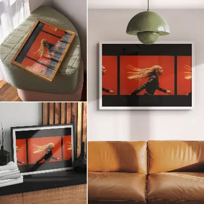 Wandposter hardloper drie shots van hardlopen met rode achtergrond en moderne energie