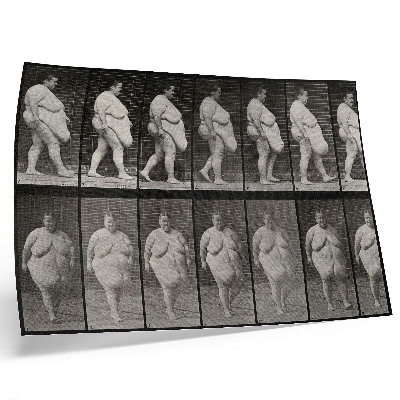 Stijlvolle wandposter Zwaarlijvige vrouw die loopt. Fototype naar Eadweard Muybridge, 1887.