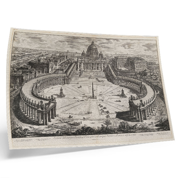 Poster De binnenplaats voor het Vaticaan met twee lange, gebogen zuilengalerijen bekroond met sculpturen.