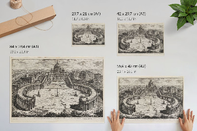 Poster De binnenplaats voor het Vaticaan met twee lange, gebogen zuilengalerijen bekroond met sculpturen.