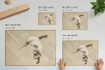 Poster van Een visser die een net draagt in de sneeuw door Katsushika Hokusai, ca. 1821, hoge resolutie
