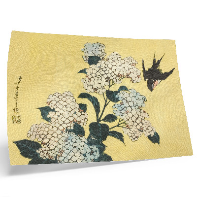 Moderne decoratieve poster Hortensia en de zwaluw (1833) – een kleurenhoutsnede van Hokusai