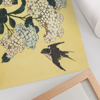 Moderne decoratieve poster Hortensia en de zwaluw (1833) – een kleurenhoutsnede van Hokusai