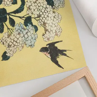 Hortensia en de zwaluw moderne decoratieve poster naar de kleurenhoutsnede van Hokusai uit 1833