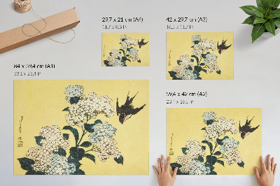 Moderne decoratieve poster Hortensia en de zwaluw (1833) – een kleurenhoutsnede van Hokusai