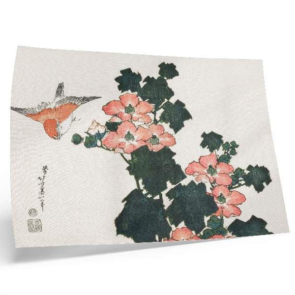 Poster Rode rozen en een vogel van Katsushiki Hokusai (1760-1849), vintage Japanse houtsnede.