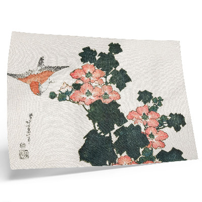 Poster Rode rozen en een vogel van Katsushiki Hokusai (1760-1849), vintage Japanse houtsnede.