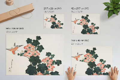 Poster Rode rozen en een vogel van Katsushiki Hokusai (1760-1849), vintage Japanse houtsnede.