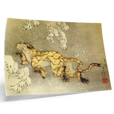 Moderne decoratieve poster Katsushika Hokusai (1760–1849), Tijger in de sneeuw. Hangende rol, inkt en kleur op zijde, 1849