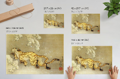 Moderne decoratieve poster Katsushika Hokusai (1760–1849), Tijger in de sneeuw. Hangende rol, inkt en kleur op zijde, 1849