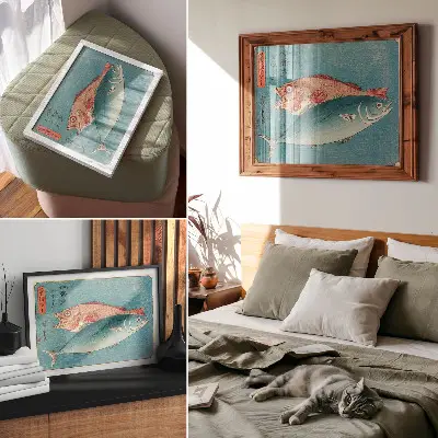 Moderne decoratieve poster met afbeelding van geelstaart en zeebaars