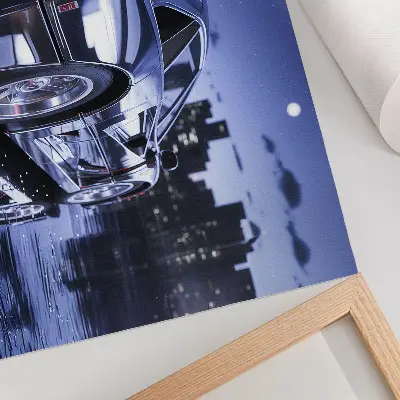 Poster sportwagen in een stedelijk landschap 's nachts