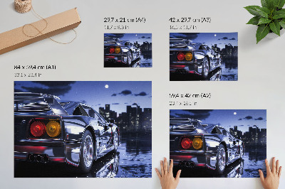 Poster Een sportwagen in een stedelijk landschap 's nachts