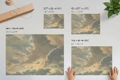 Stijlvolle wandposter wolken in de lucht in grijze en beige tinten