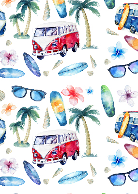 Rolgordijn voor balkondeur in Hawaiiaanse stijl met auto’s en palmbomen