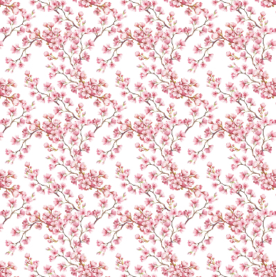 Rolgordijn voor raam met roze bloemblaadjes van knoppen aan de boom