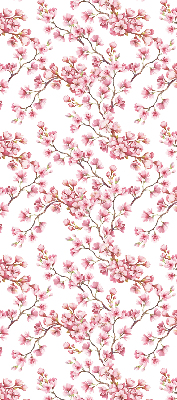 Rolgordijn voor raam met roze bloemblaadjes van knoppen aan de boom