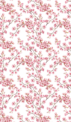Rolgordijn voor raam met roze bloemblaadjes van knoppen aan de boom
