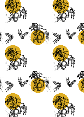 Binnengordijn met vruchten en gele cirkels