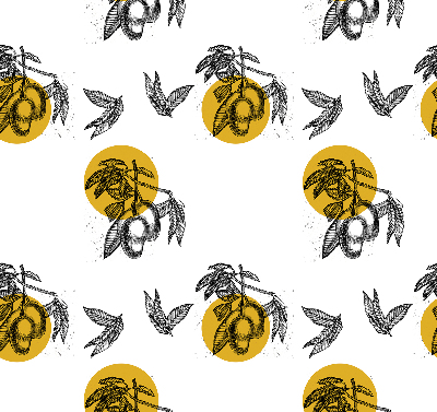 Binnengordijn met vruchten en gele cirkels
