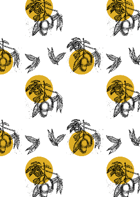 Binnengordijn met vruchten en gele cirkels