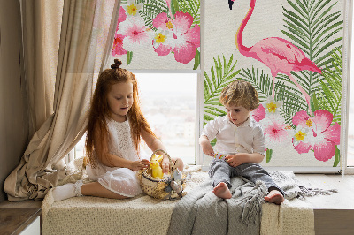 Stoffen rolgordijn met flamingo’s bij de bladeren