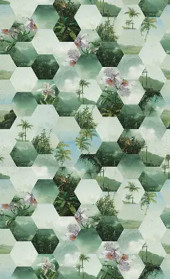 Rolgordijn voor balkondeur met groene zeshoeken