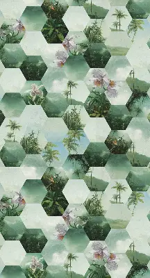 Rolgordijn voor balkondeur met groene zeshoeken