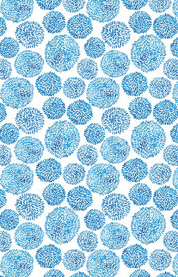 Binnenrolgordijn voor raam met blauwe bloemblaadjescirkels