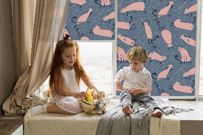 Binnenrolgordijn voor raam in roze met kattenmotief