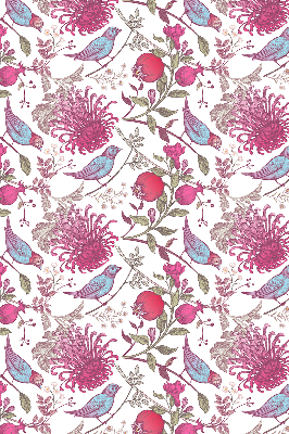 Rolgordijn voor raam met kleurrijke vogels tussen de bloemen