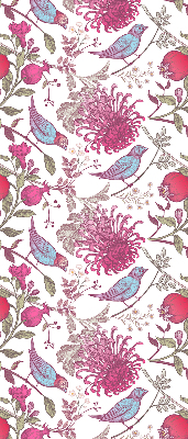 Rolgordijn voor raam met kleurrijke vogels tussen de bloemen
