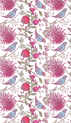 Rolgordijn voor raam met kleurrijke vogels tussen de bloemen