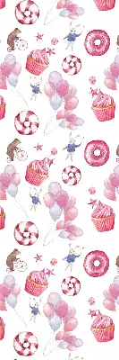 Binnengordijn met roze ballonnen, donuts en konijntjes