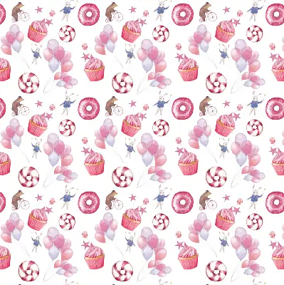 Binnengordijn met roze ballonnen, donuts en konijntjes
