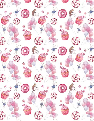 Binnengordijn met roze ballonnen, donuts en konijntjes