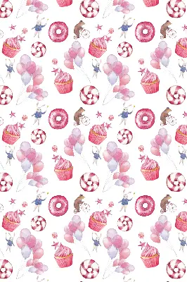 Binnengordijn met roze ballonnen, donuts en konijntjes