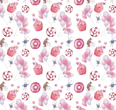 Binnengordijn met roze ballonnen, donuts en konijntjes